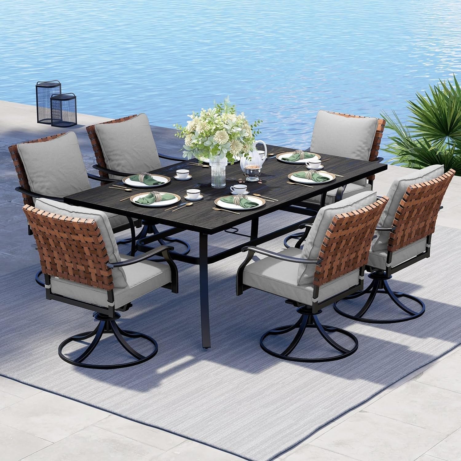 Grand patio 7-Piece Outdoor Dining Set, 6 Leather-Look Wicker Swivel Patio Chairs & 1 Rectangular Dining Table, Black