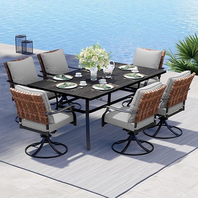 Grand patio 7-Piece Outdoor Dining Set, 6 Leather-Look Wicker Swivel Patio Chairs & 1 Rectangular Dining Table, Black