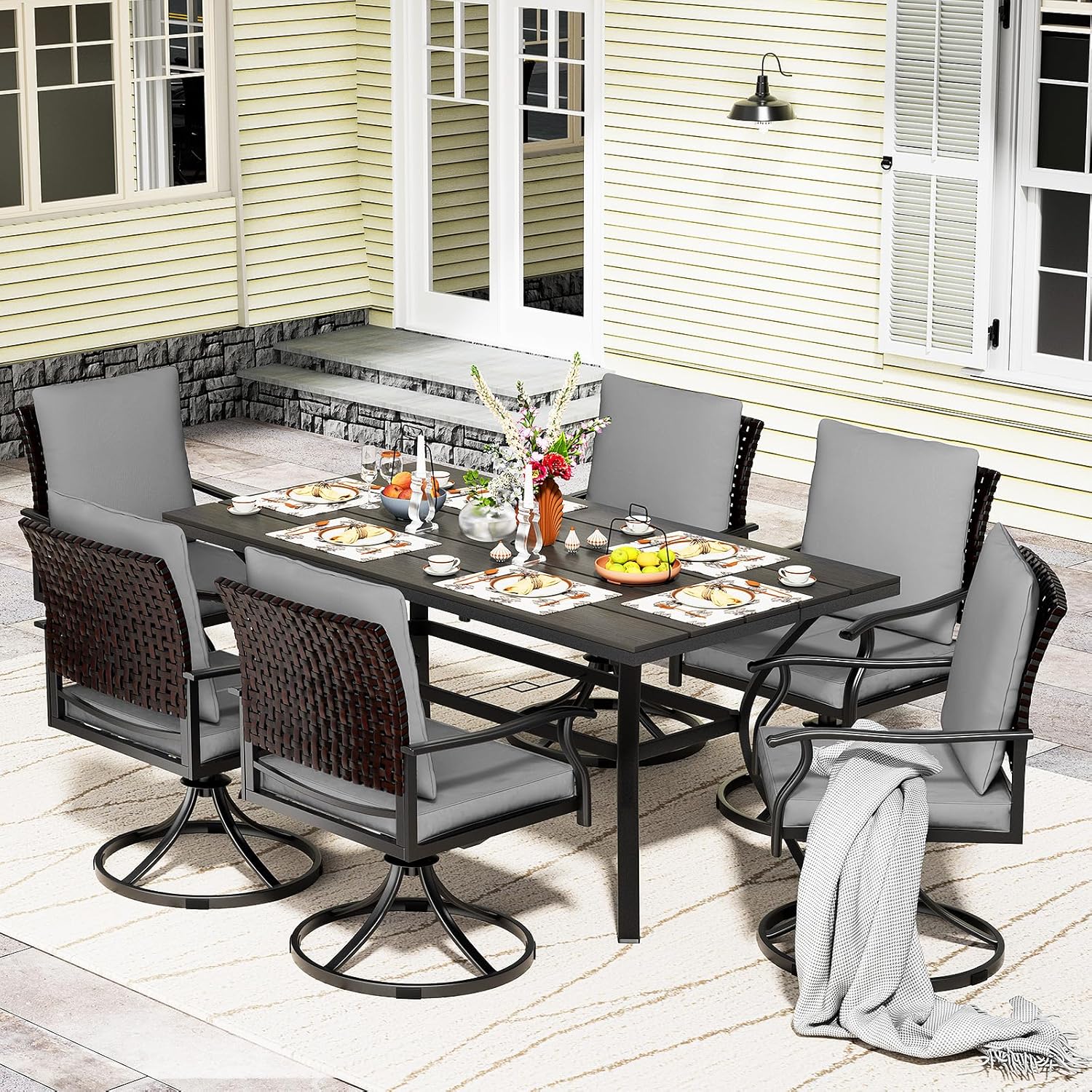 5 Piece Outdoor Patio Dining Set with 4 Swivel Dining Chairs & 1 Large Round Dining Table,Bistro Furniture Set for Lawn, Garden, Deck, Backyard and Porch