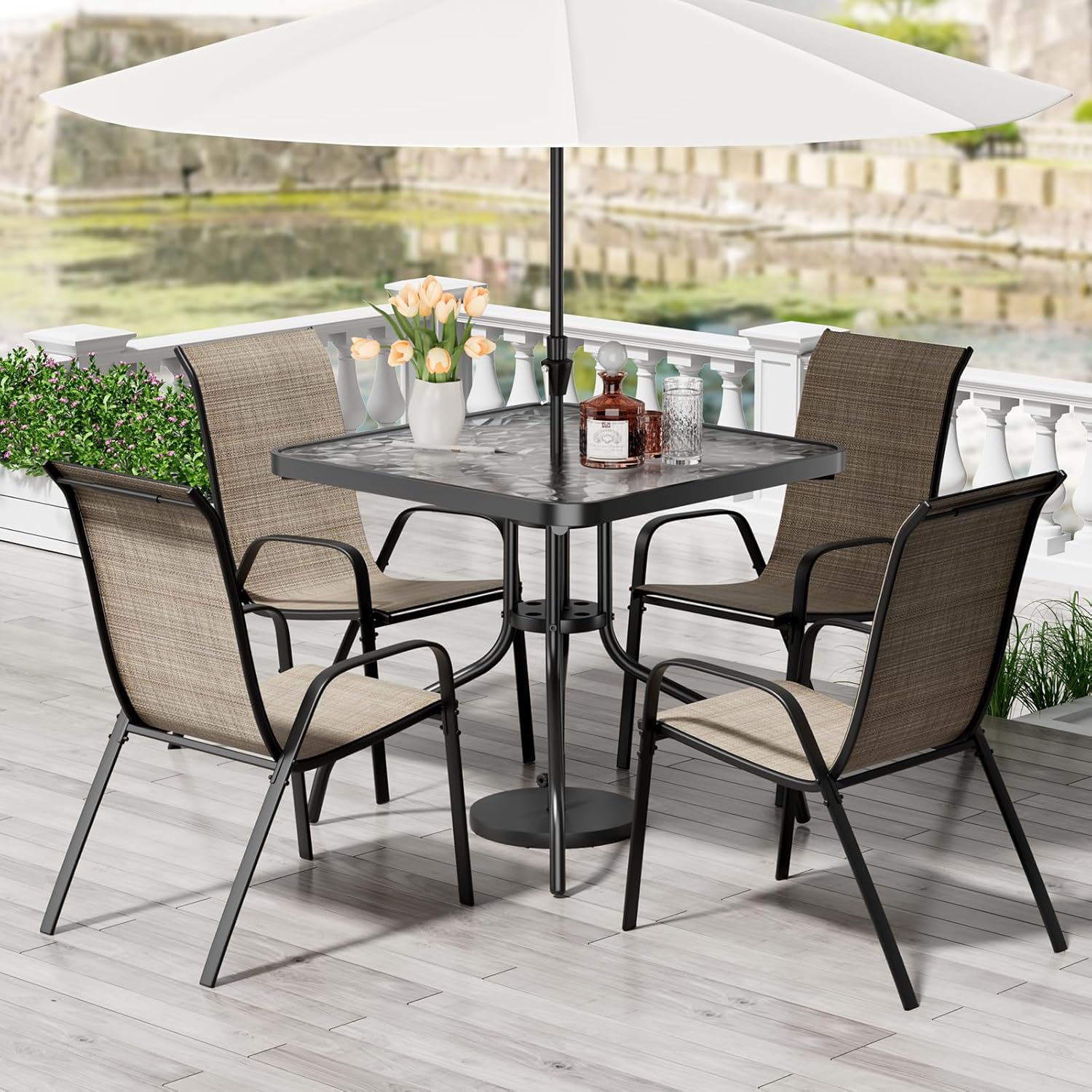 Patio Dining Set 5 Pieces, All Weather Outdoor Furniture W/30"X 30" Table and 4 Stackable Textilene Chairs, Metal Table and Chairs for Lawn, Garden, Poolside, Backyard (Umbrella not Included)