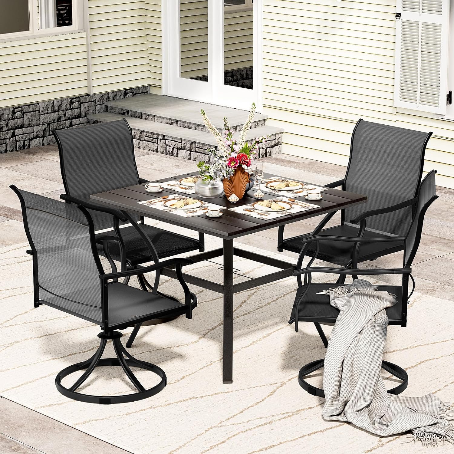 5 Piece Outdoor Patio Dining Set with 4 Swivel Dining Chairs & 1 Large Round Dining Table,Bistro Furniture Set for Lawn, Garden, Deck, Backyard and Porch