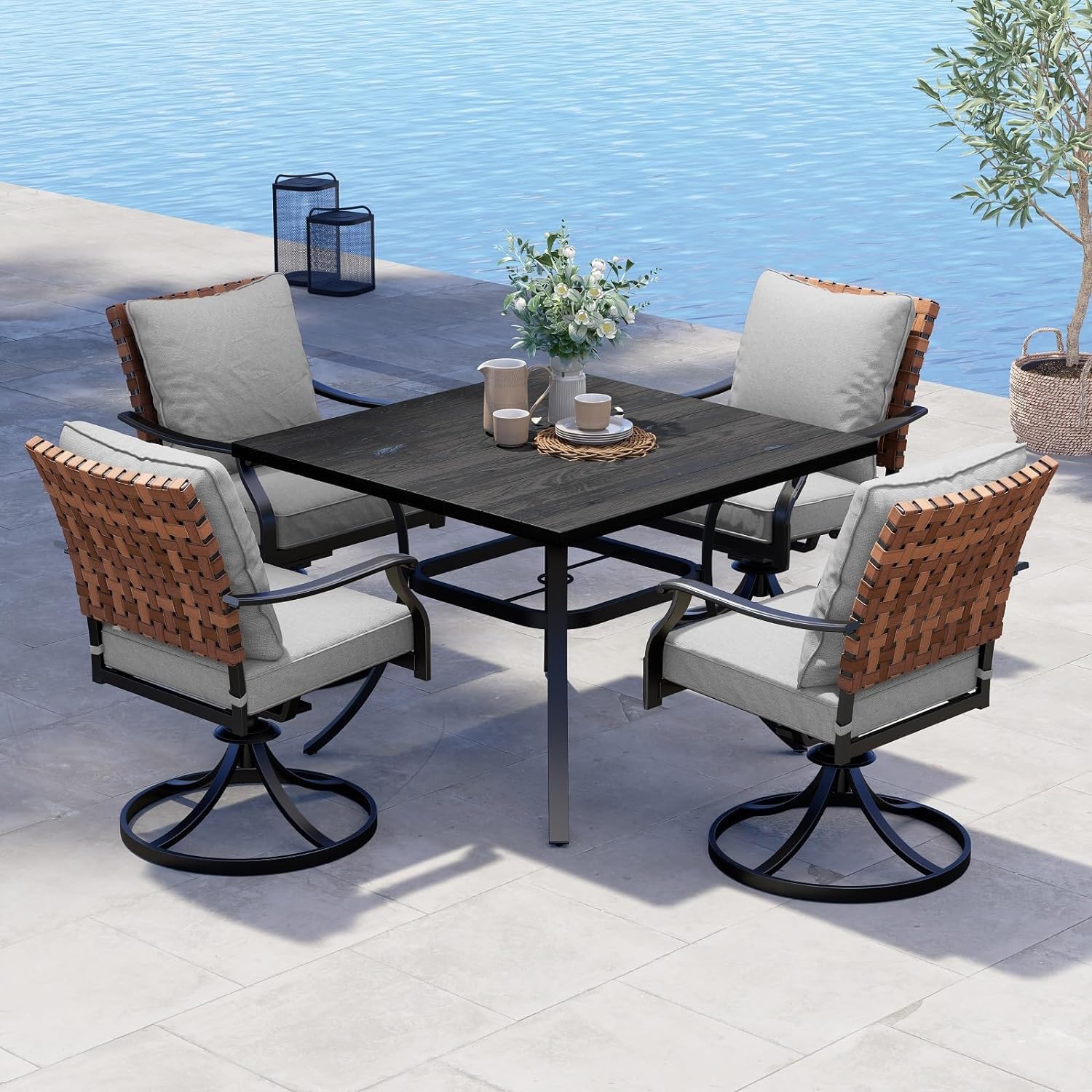 Grand patio 7-Piece Outdoor Dining Set, 6 Leather-Look Wicker Swivel Patio Chairs & 1 Rectangular Dining Table, Black