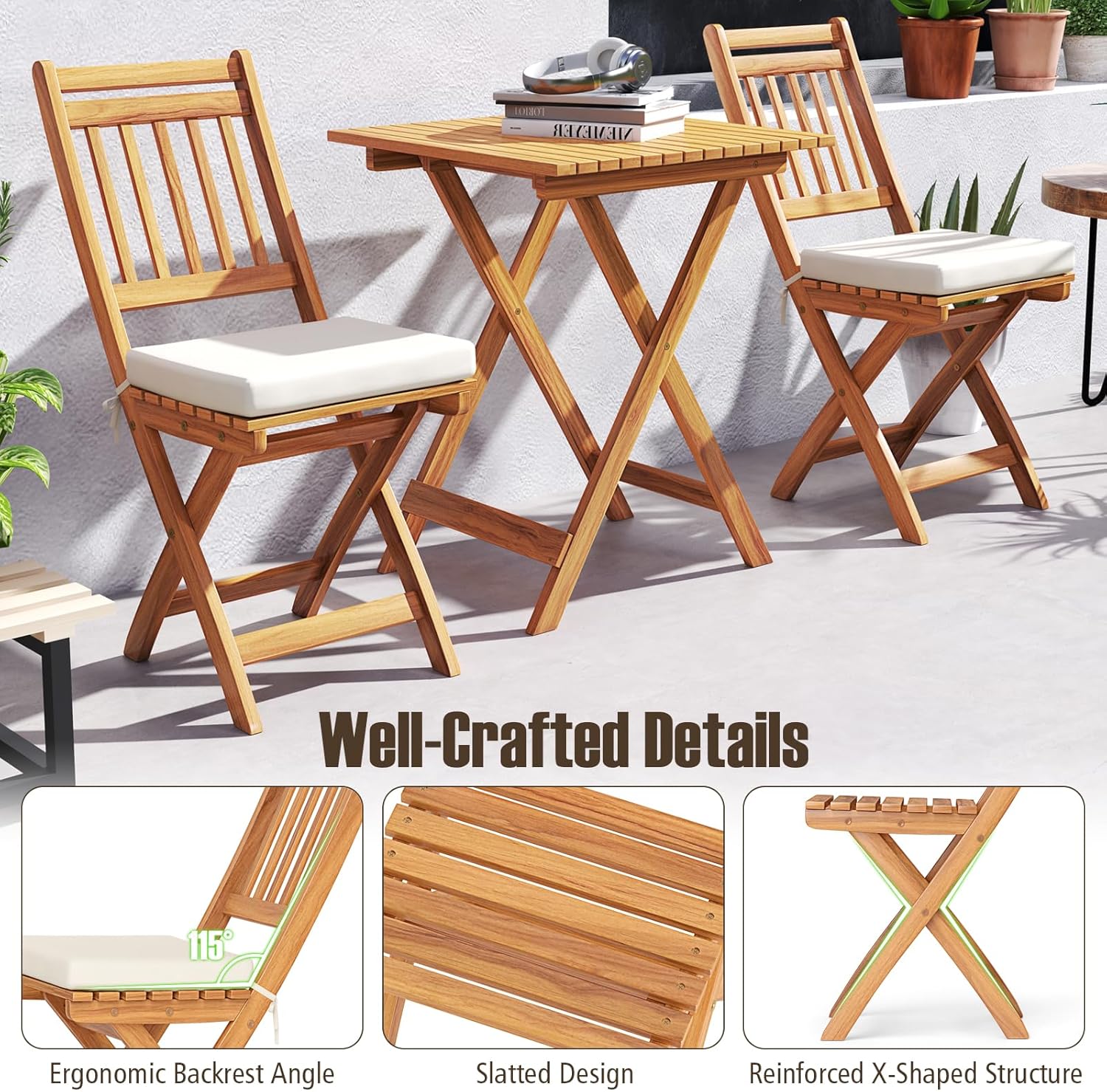  Wood Patio Bistro Set of 3, Outdoor Folding Chair Table Set with Soft Seat Cushions, High Back Armless Chairs with Table, Patio Cushioned Dining Set for Backyard, Poolside (Off White)