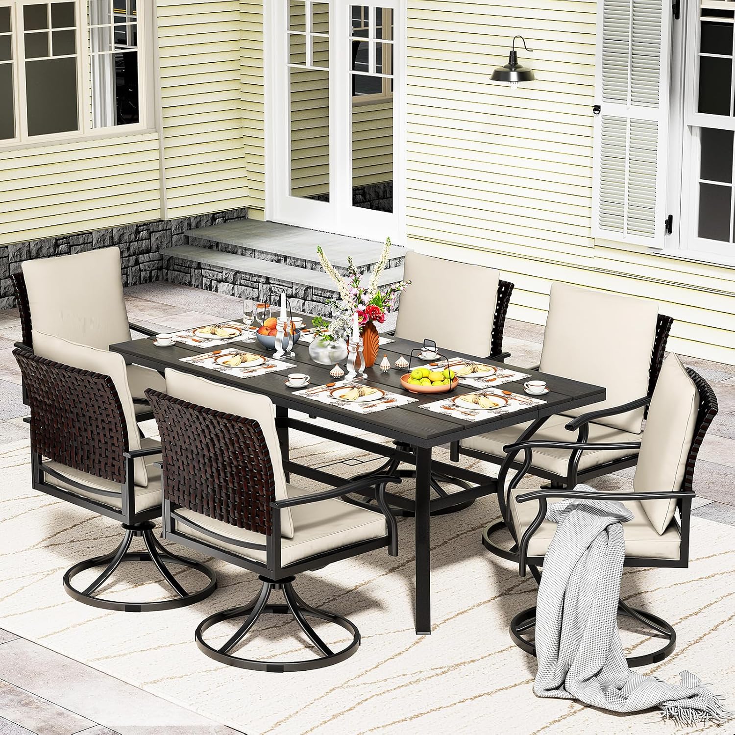 5 Piece Outdoor Patio Dining Set with 4 Swivel Dining Chairs & 1 Large Round Dining Table,Bistro Furniture Set for Lawn, Garden, Deck, Backyard and Porch