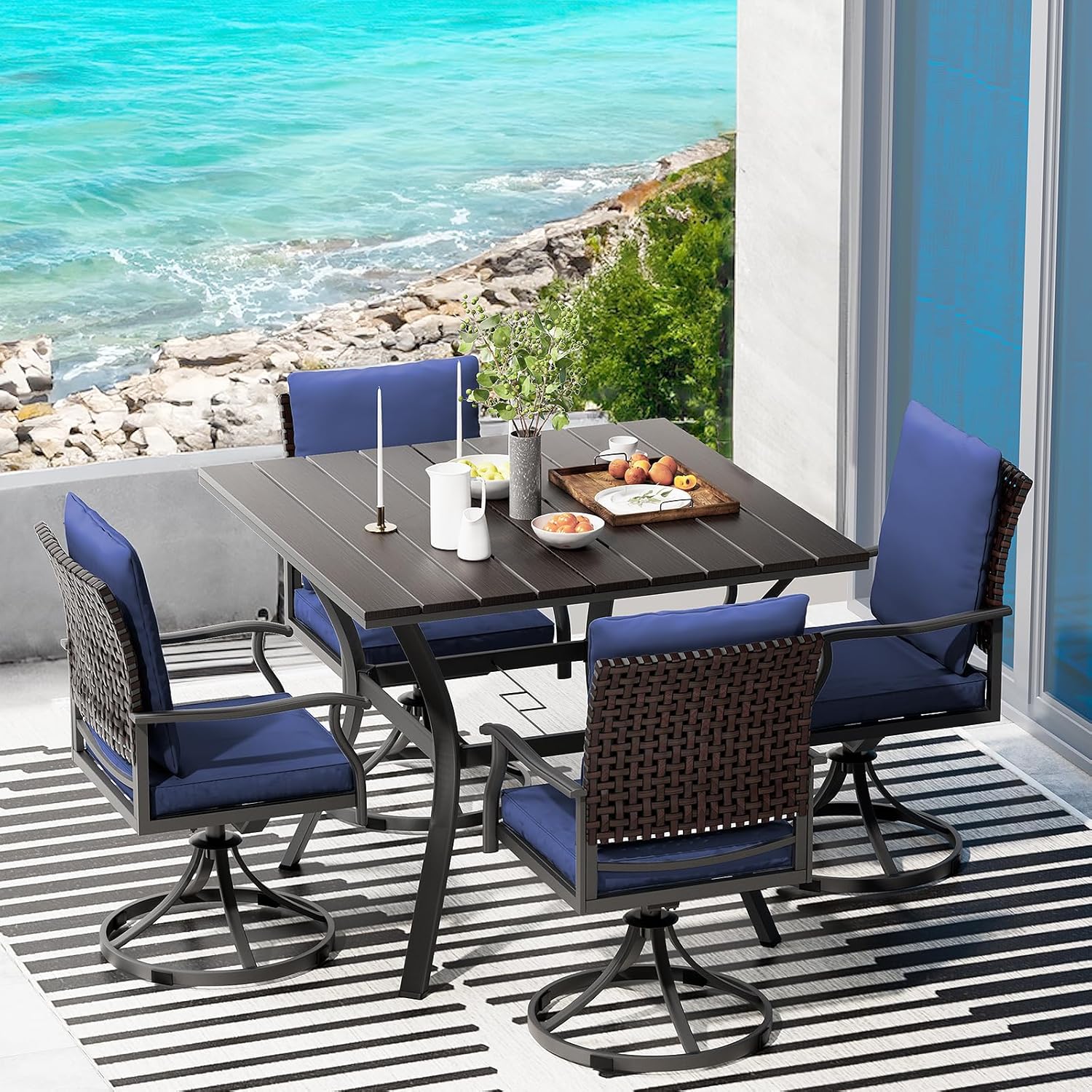 5 Piece Outdoor Patio Dining Set with 4 Swivel Dining Chairs & 1 Large Round Dining Table,Bistro Furniture Set for Lawn, Garden, Deck, Backyard and Porch