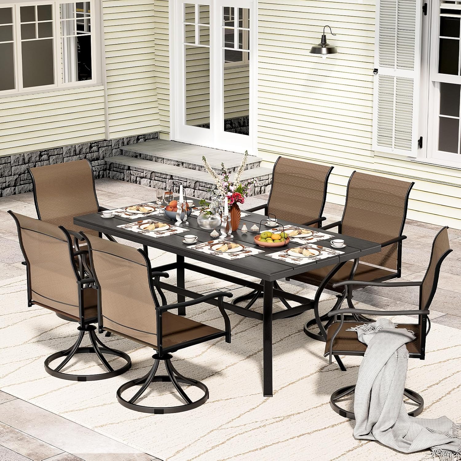5 Piece Outdoor Patio Dining Set with 4 Swivel Dining Chairs & 1 Large Round Dining Table,Bistro Furniture Set for Lawn, Garden, Deck, Backyard and Porch