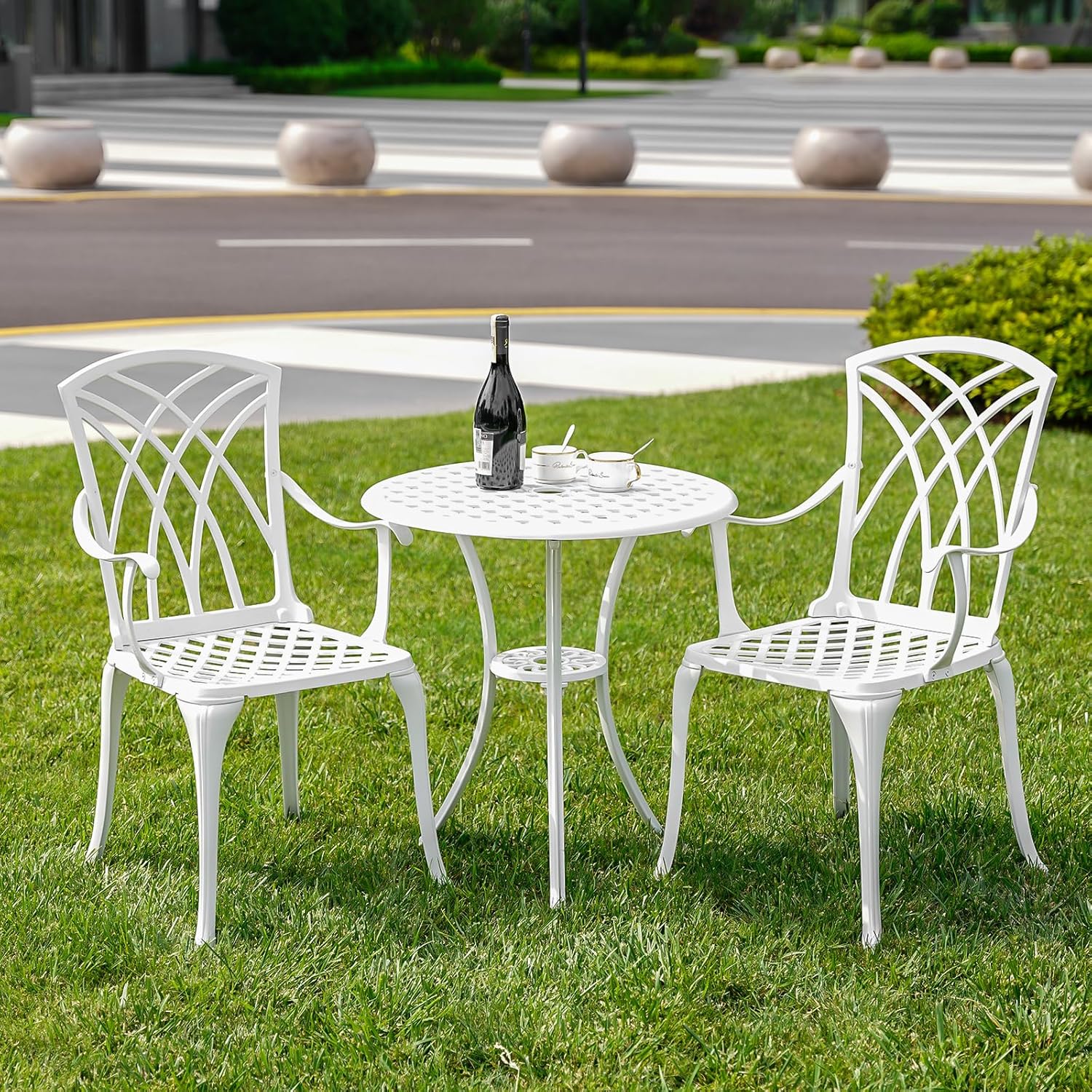 Outdoor Bistro Table and Chairs Set of 2, White Metal Patio Bistro Set, Cast Aluminum Bistro Set 3 Piece Outdoor with Umbrella Hole, 3 Piece Outdoor Bistro Set for Balcony Garden Porch