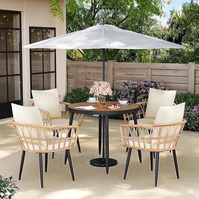 5-Pieces Patio Dining Set with Wood Table Top, All-Weather PE Rattan Patio Furniture Set, Outdoor Dining Furniture with Removable Cushion Chairs & Round Table for Garden Lawn Patio,Cream