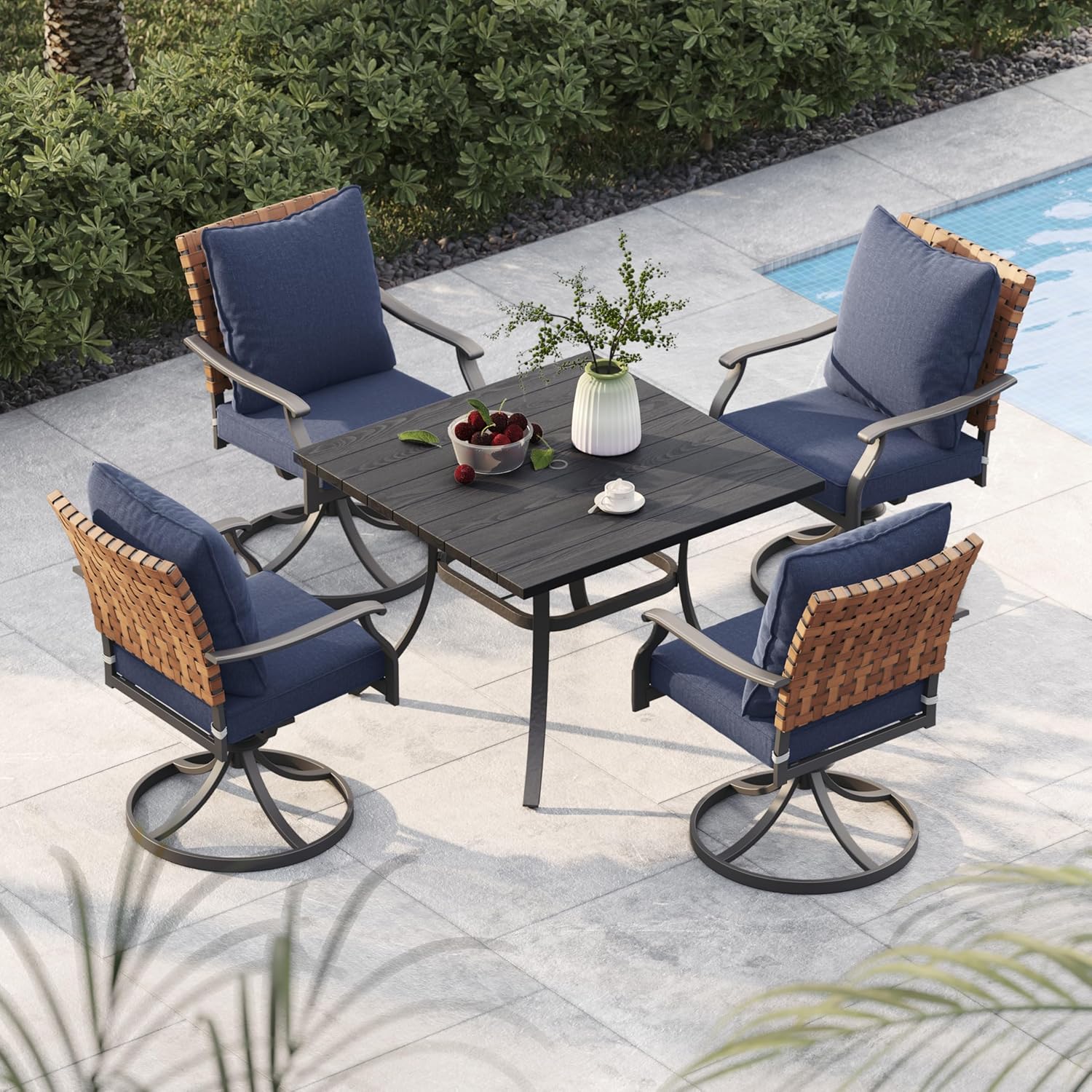 Grand patio 7-Piece Outdoor Dining Set, 6 Leather-Look Wicker Swivel Patio Chairs & 1 Rectangular Dining Table, Black
