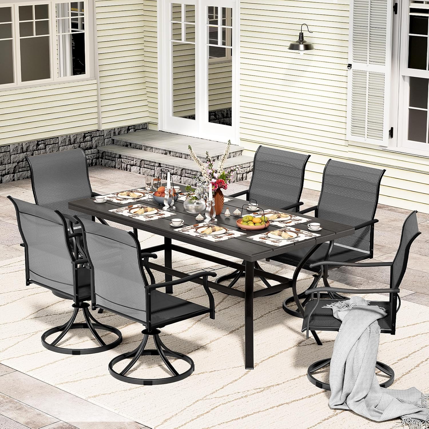 5 Piece Outdoor Patio Dining Set with 4 Swivel Dining Chairs & 1 Large Round Dining Table,Bistro Furniture Set for Lawn, Garden, Deck, Backyard and Porch