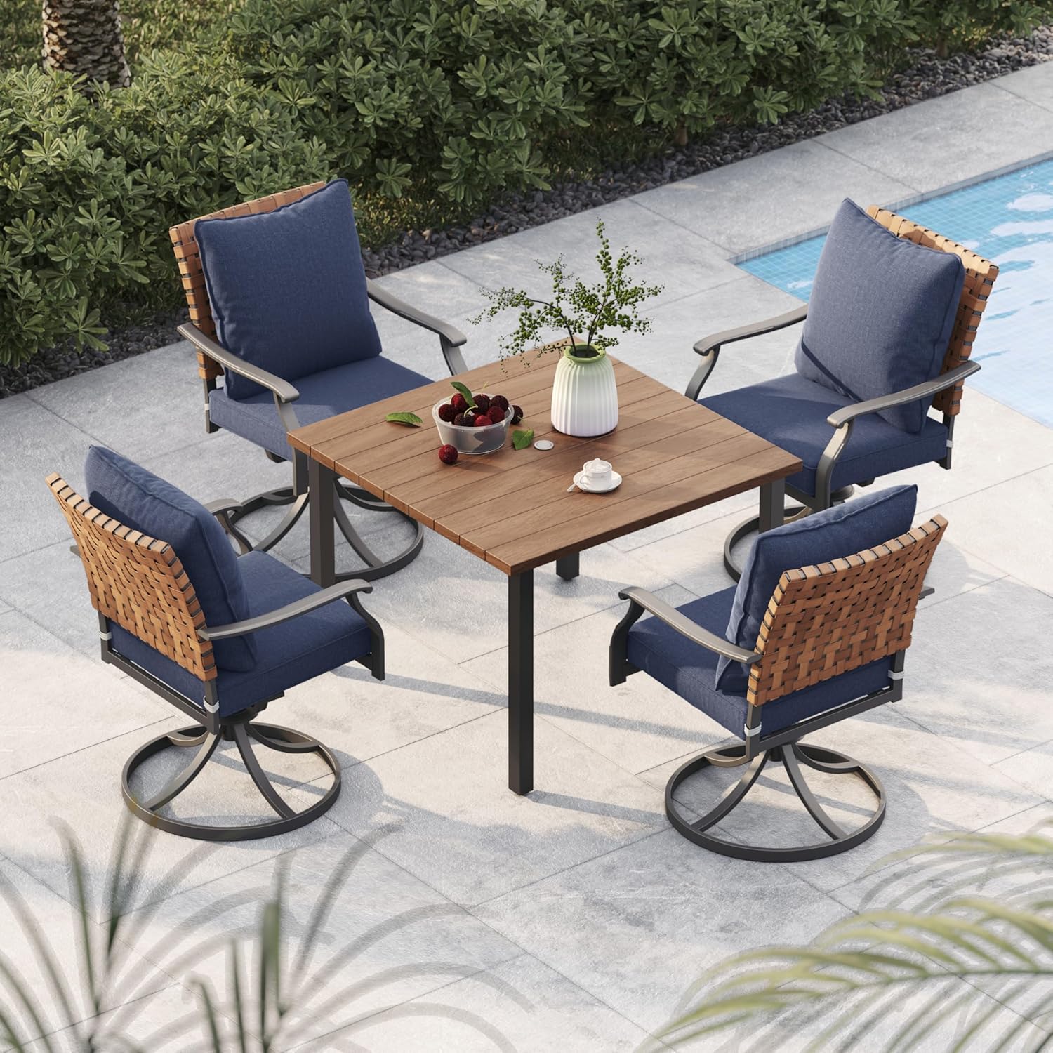 Grand patio 7-Piece Outdoor Dining Set, 6 Leather-Look Wicker Swivel Patio Chairs & 1 Rectangular Dining Table, Black