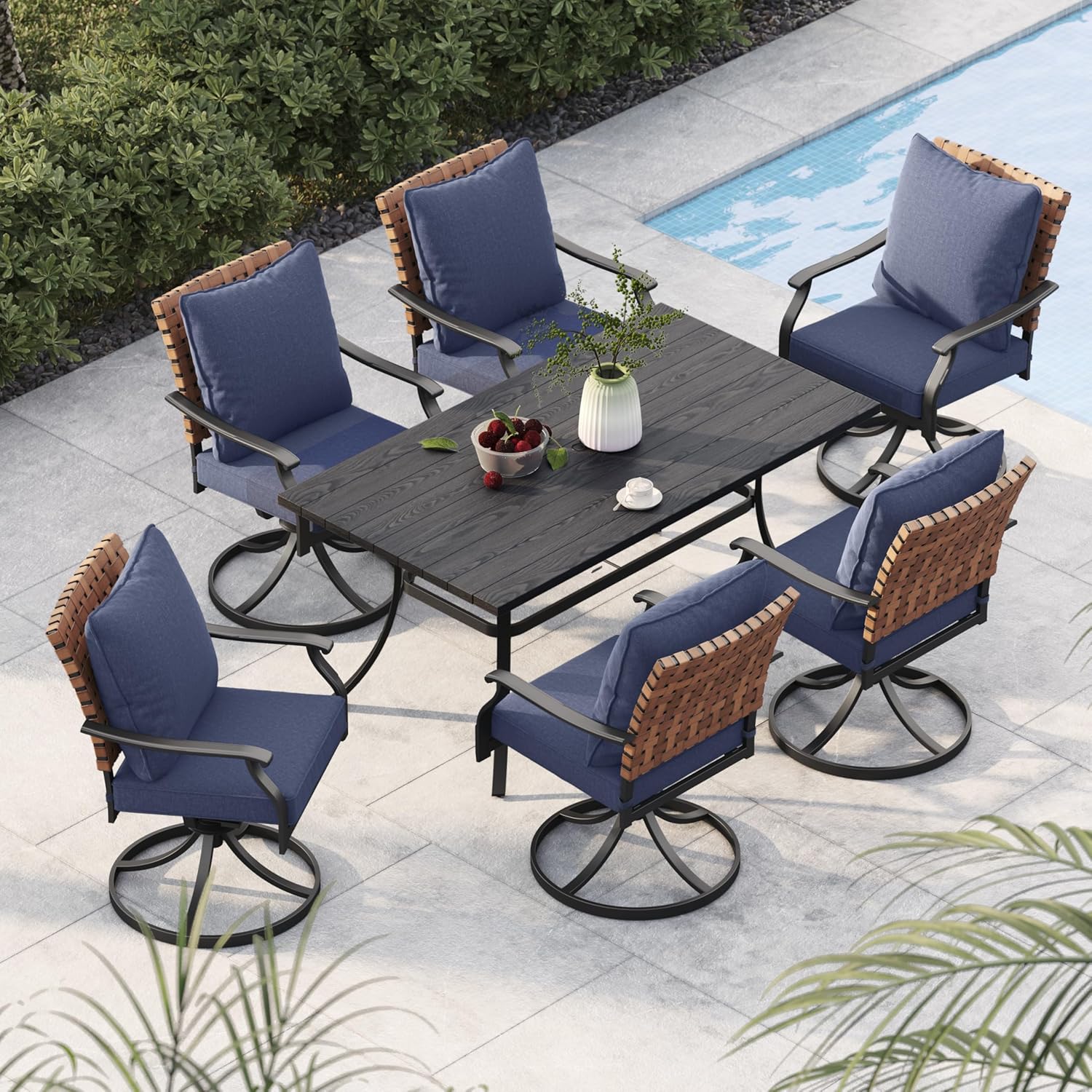 Grand patio 7-Piece Outdoor Dining Set, 6 Leather-Look Wicker Swivel Patio Chairs & 1 Rectangular Dining Table, Black