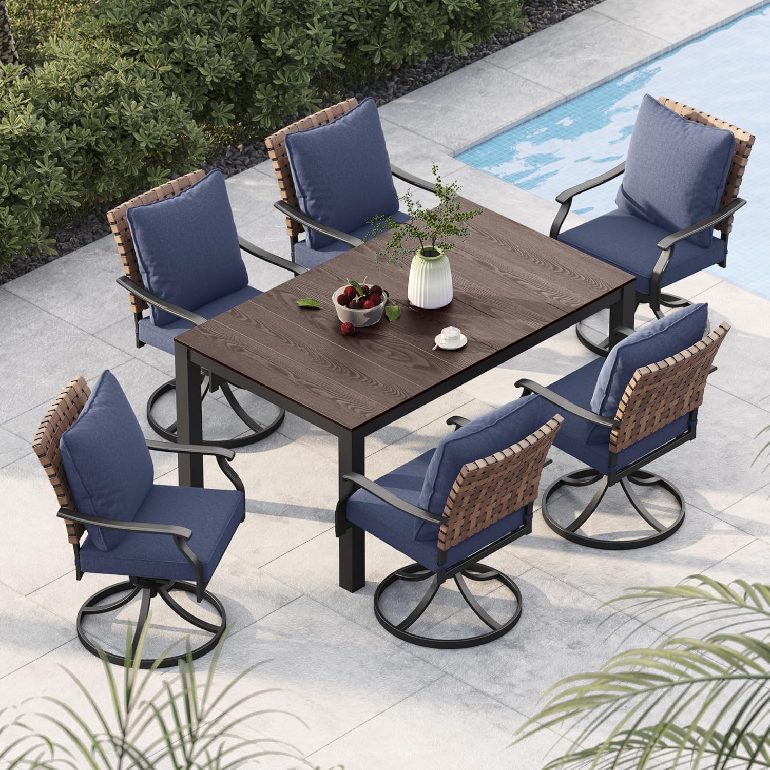 Grand patio 7-Piece Outdoor Dining Set, 6 Leather-Look Wicker Swivel Patio Chairs & 1 Rectangular Dining Table, Black