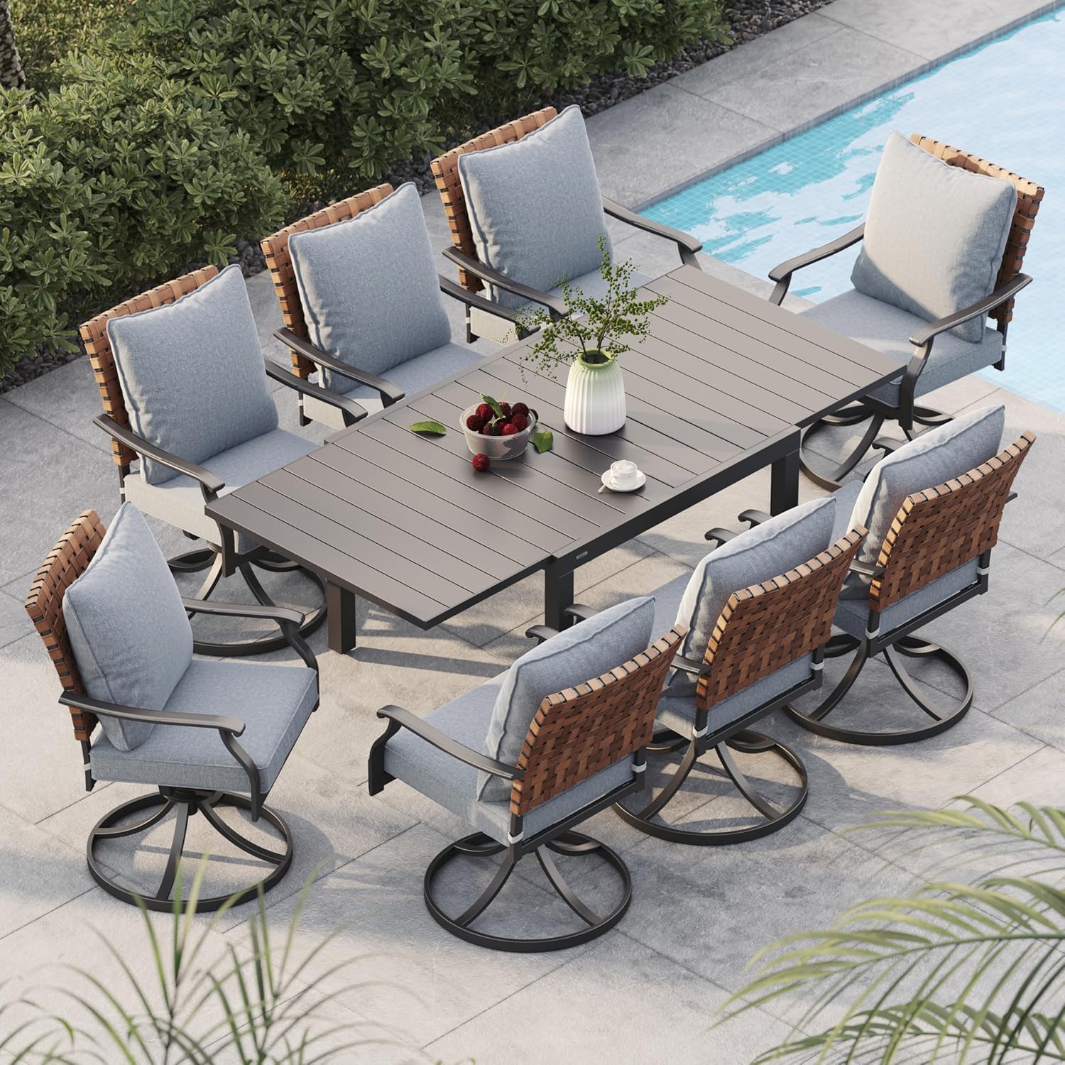 Grand patio 7-Piece Outdoor Dining Set, 6 Leather-Look Wicker Swivel Patio Chairs & 1 Rectangular Dining Table, Black