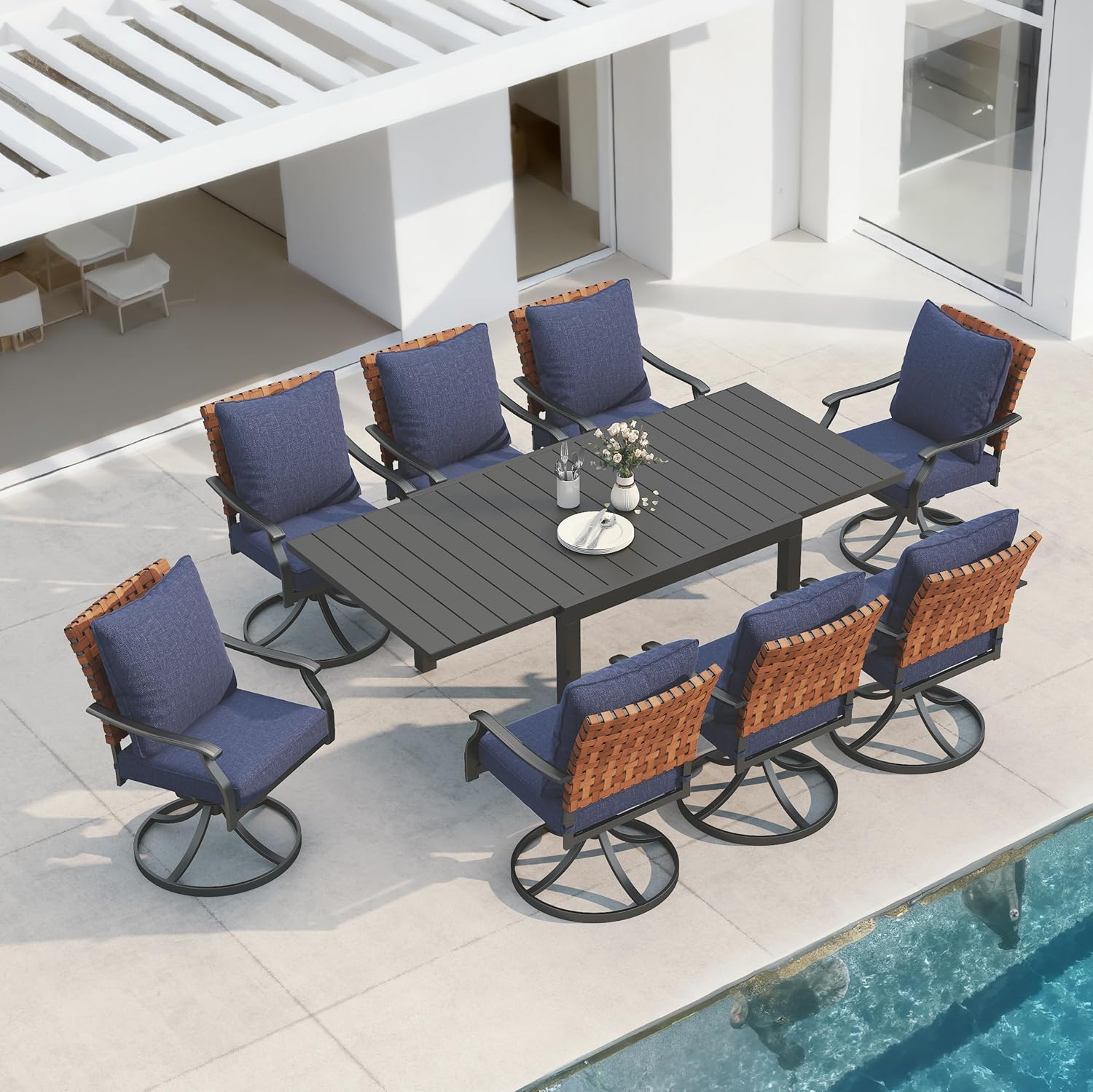 Grand patio 7-Piece Outdoor Dining Set, 6 Leather-Look Wicker Swivel Patio Chairs & 1 Rectangular Dining Table, Black