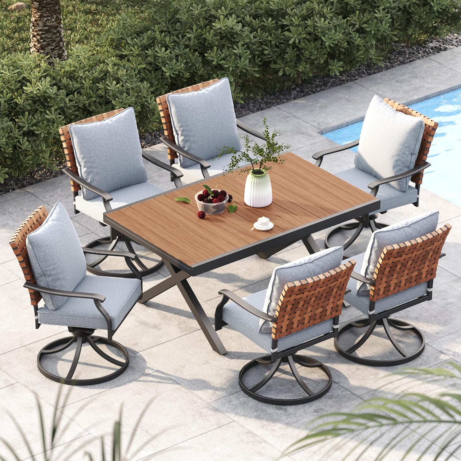 Grand patio 7-Piece Outdoor Dining Set, 6 Leather-Look Wicker Swivel Patio Chairs & 1 Rectangular Dining Table, Black