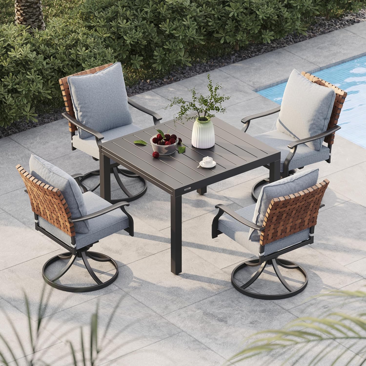 Grand patio 7-Piece Outdoor Dining Set, 6 Leather-Look Wicker Swivel Patio Chairs & 1 Rectangular Dining Table, Black