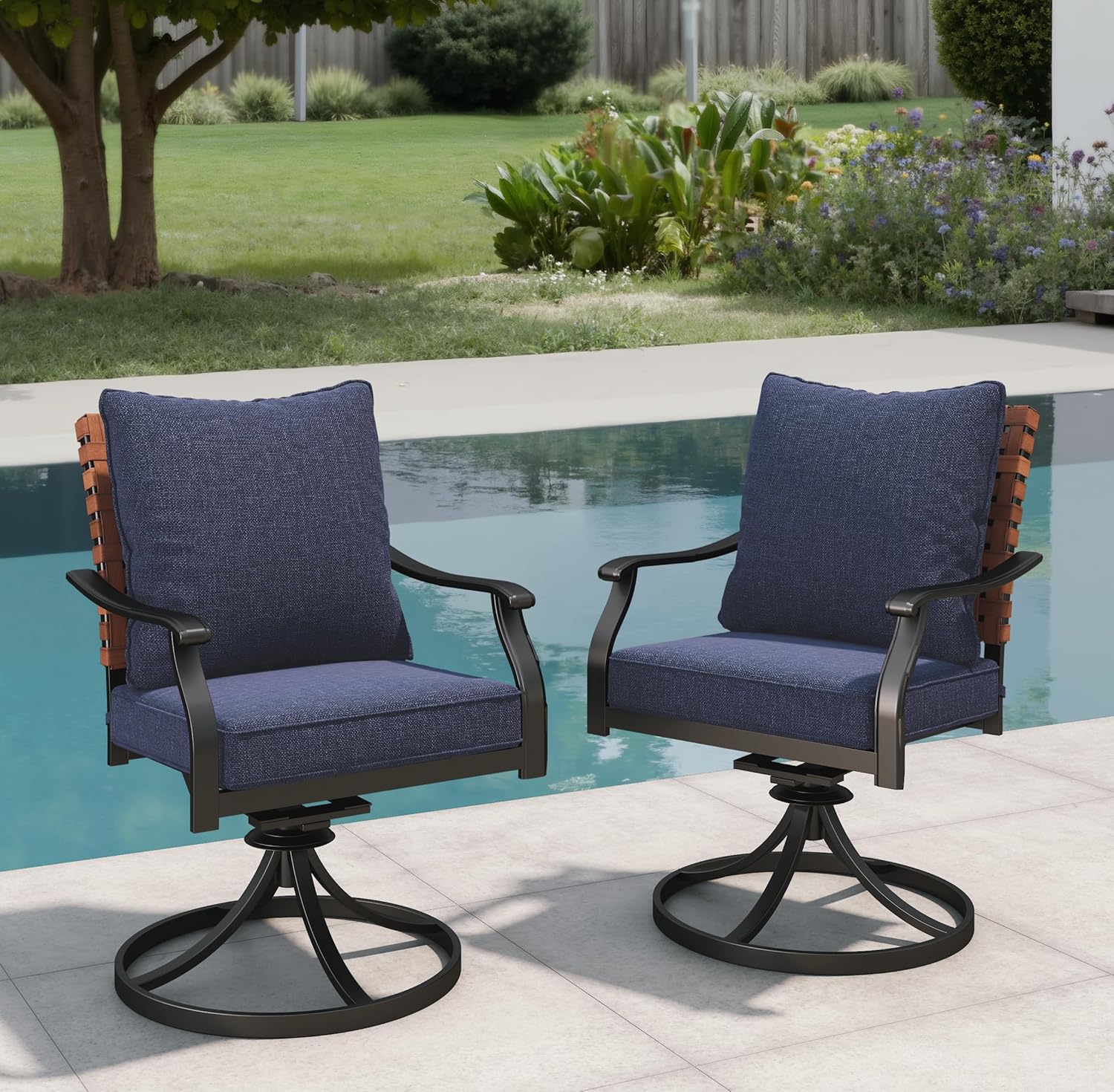 Grand patio 7-Piece Outdoor Dining Set, 6 Leather-Look Wicker Swivel Patio Chairs & 1 Rectangular Dining Table, Black