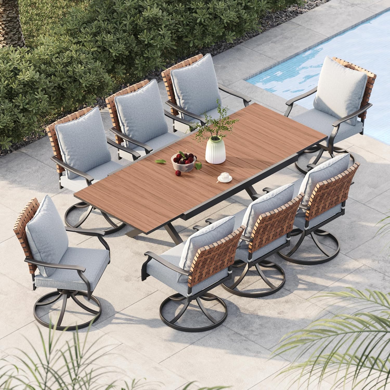 Grand patio 7-Piece Outdoor Dining Set, 6 Leather-Look Wicker Swivel Patio Chairs & 1 Rectangular Dining Table, Black