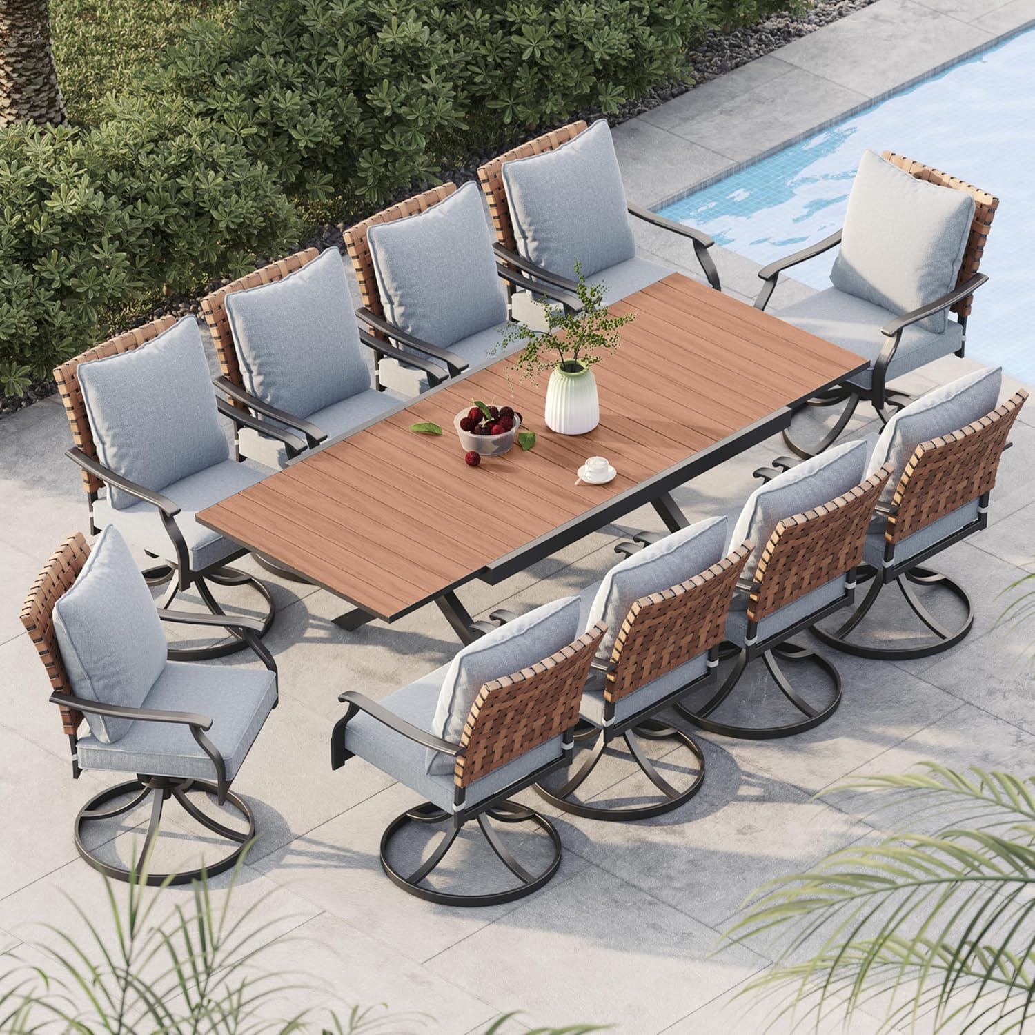 Grand patio 7-Piece Outdoor Dining Set, 6 Leather-Look Wicker Swivel Patio Chairs & 1 Rectangular Dining Table, Black