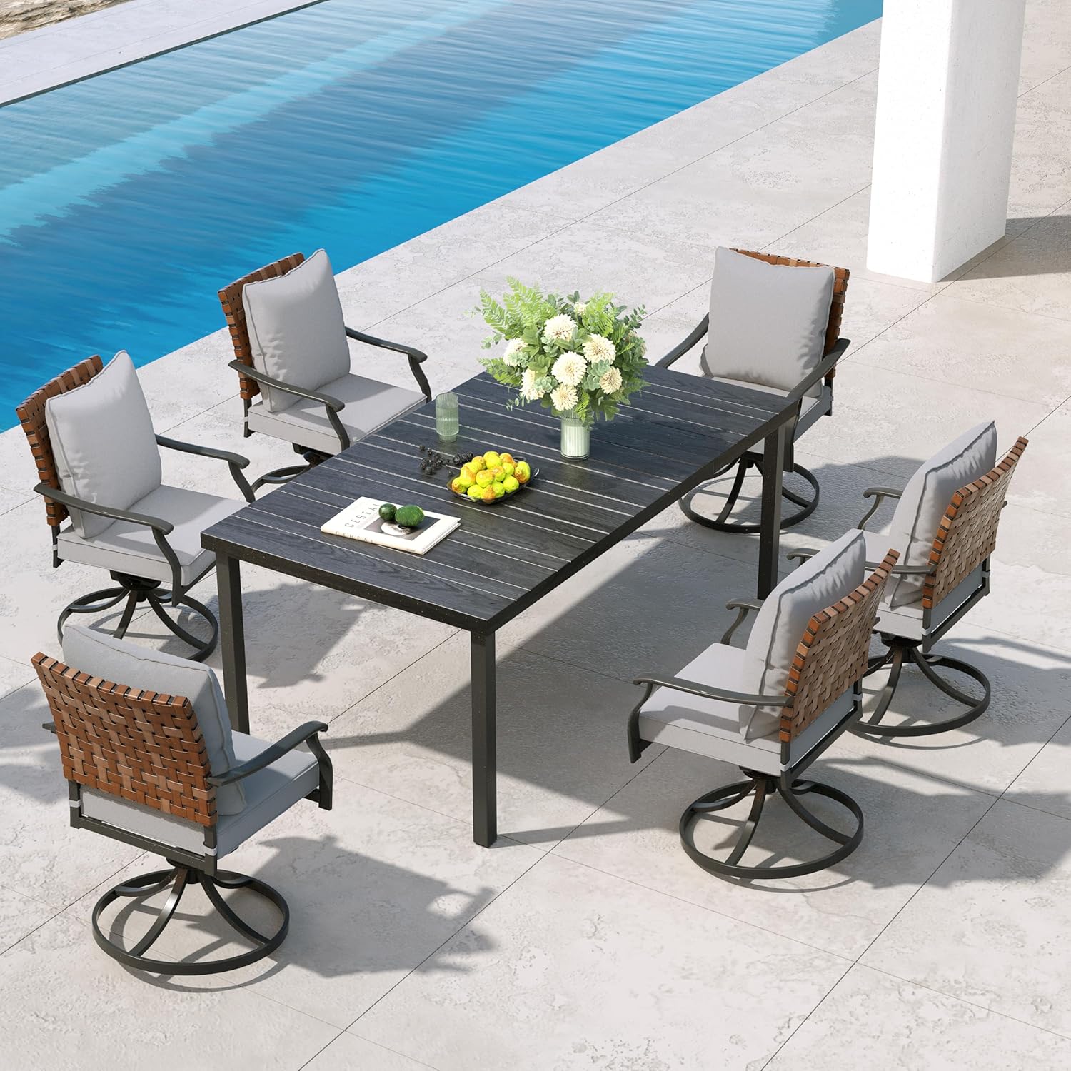 Grand patio 7-Piece Outdoor Dining Set, 6 Leather-Look Wicker Swivel Patio Chairs & 1 Rectangular Dining Table, Black