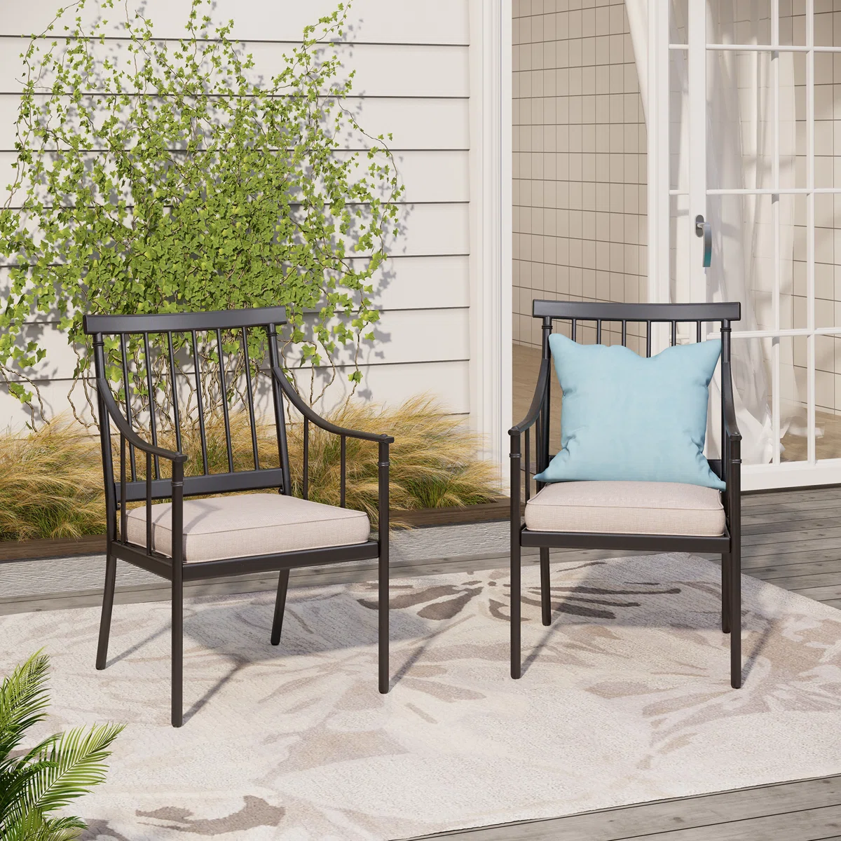  Powder Coated Steel Outdoor Dining Armchair with Cushion (Set of 2)