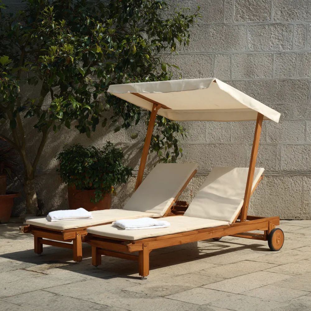 Lettino prendisole doppio in legno 200x180x160 cm – Crema