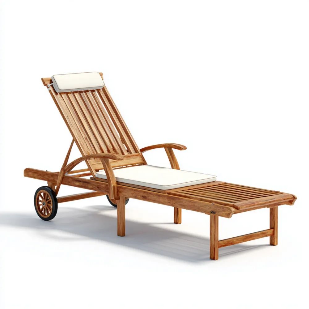 Lettino prendisole in legno di teak 200x70x35 cm con materassino colore Legno Naturale/Bianco – Design classico