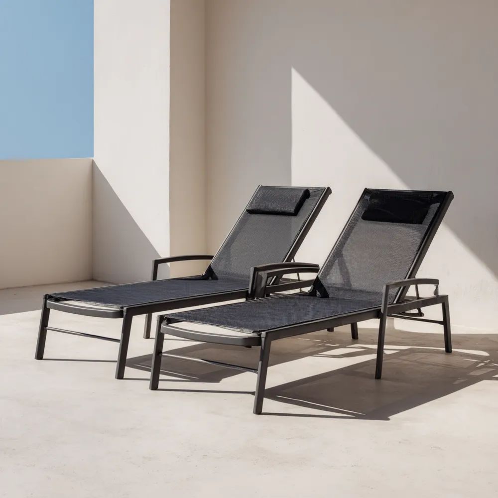 Lettini prendisole in metallo 200x65x35 cm con rivestimento tessile – Nero