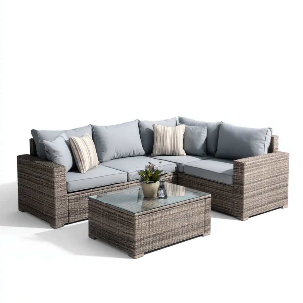Set di Divani da Esterno in Rattan Angolare 210x210x70 cm con Cuscini - Grigio - Design Moderno