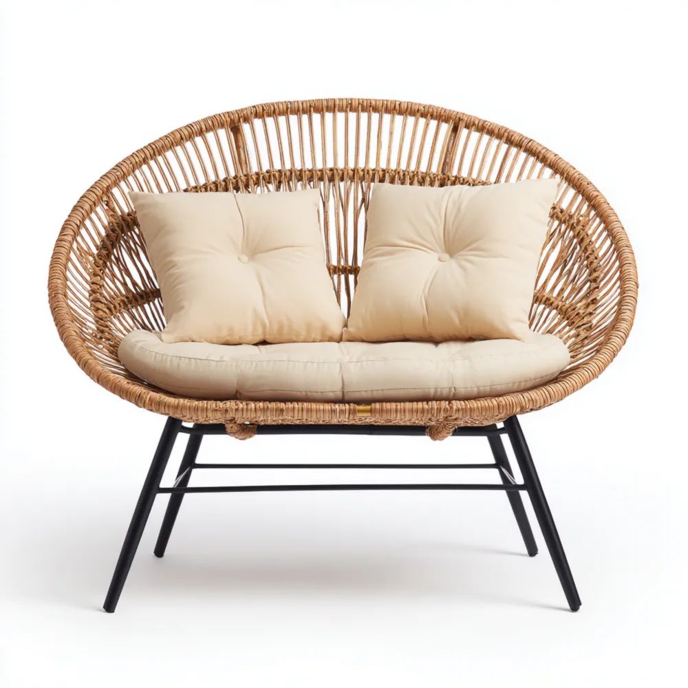 Divano a due posti in rattan sintetico 120x75x80 cm per esterni - Beige - Design moderno