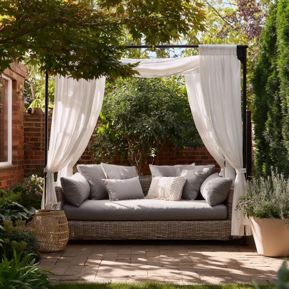 Divano a due posti da esterno in rattan 200x140x80 cm - Grigio - Design moderno con tenda