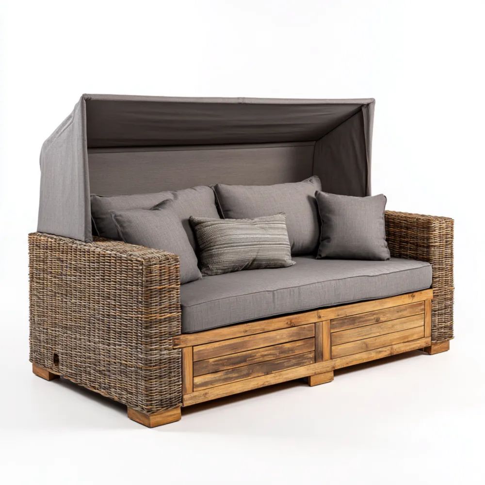 Divano a due posti da esterno in rattan e legno (160x85x150 cm) con tettuccio - Grigio