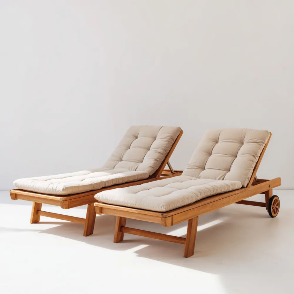 Lettini prendisole in legno massello 200x70x35 cm con cuscini imbottiti - Beige - Design moderno