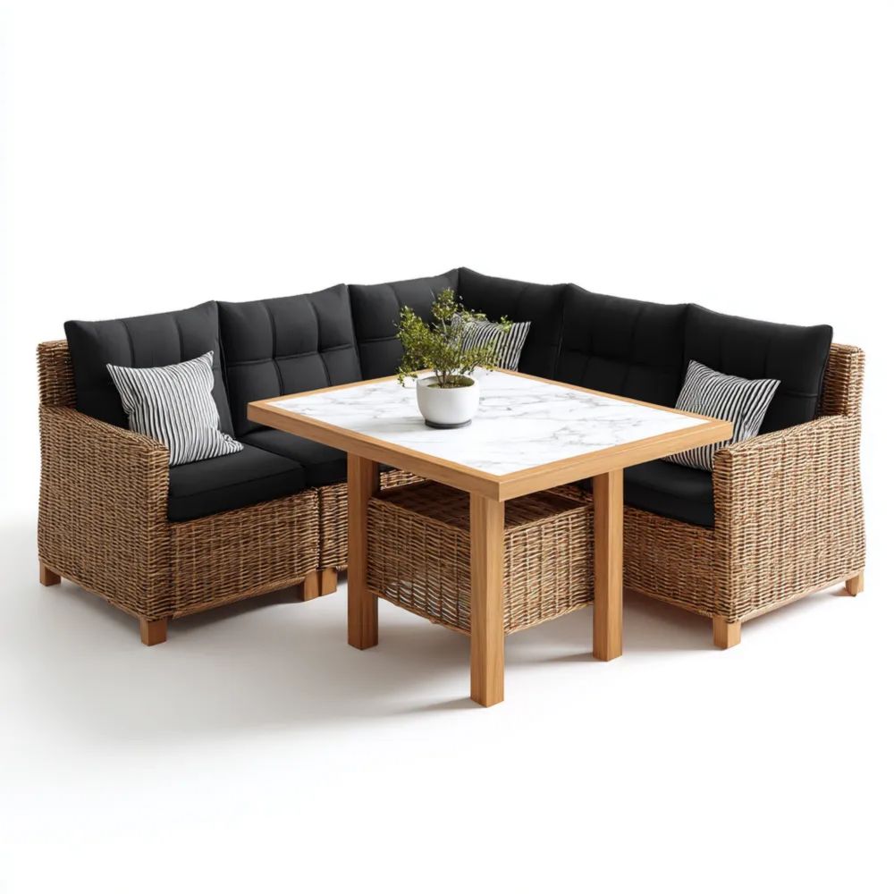 Set di divani da esterno in rattan 185x185x72 cm con tavolo in legno 90x90x75 cm e piano in marmo - Nero - Design moderno