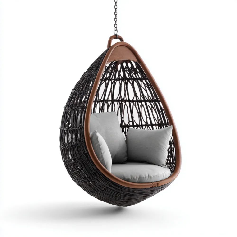 Sedia Sospesa in Rattan Sintetico 90x60x120 cm con Cuscini Grigio/Marrone – Design Moderno