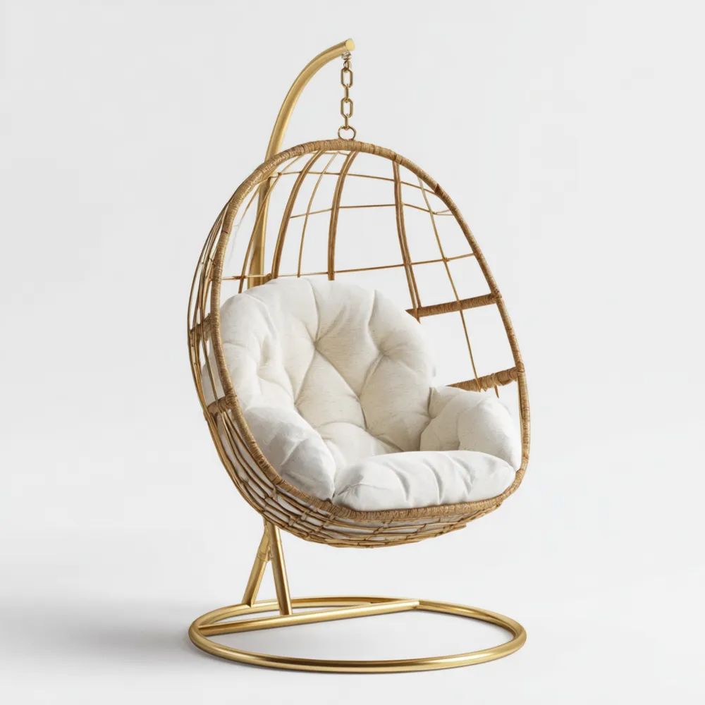 Poltrona Sospesa in Rattan 100x90x195 cm con Cuscino Imbottito Beige – Design Moderno