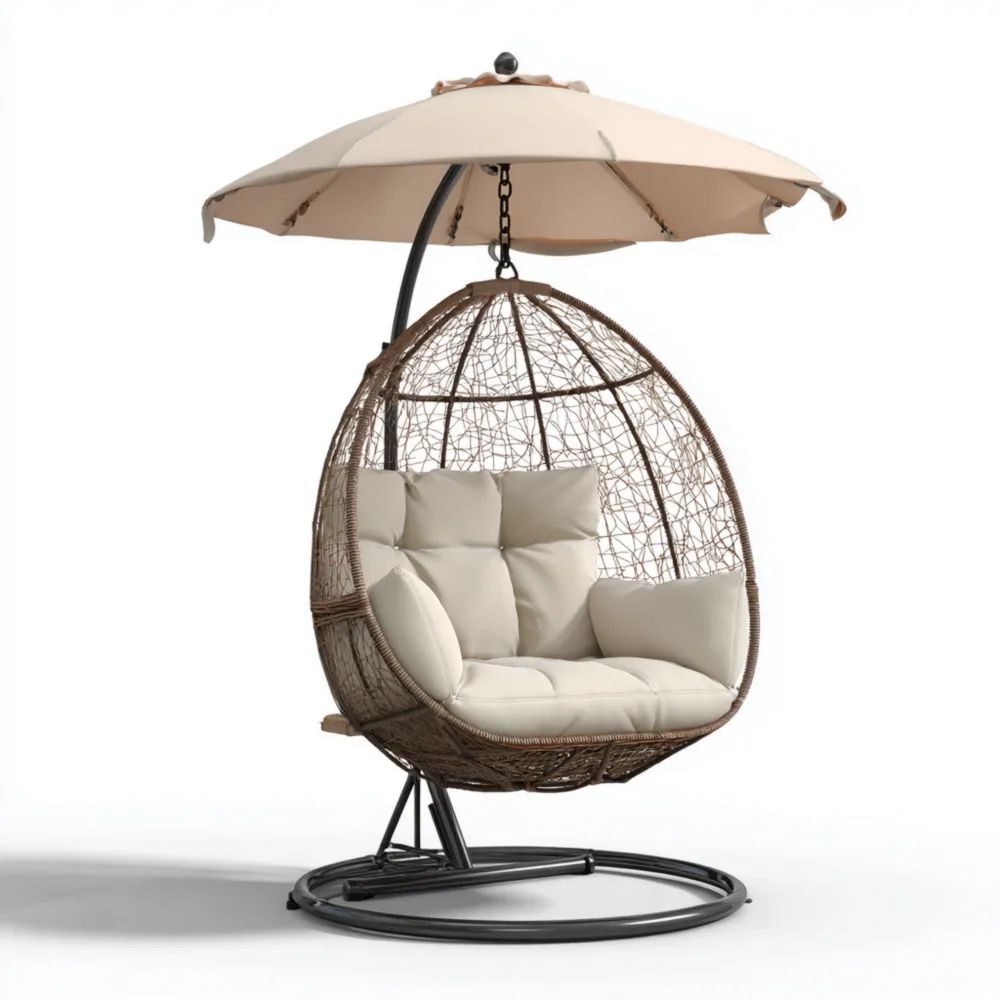 Poltrona Sospesa 120x100x200 cm con Ombrellone in Rattan Sintetico e Cuscini - Crema