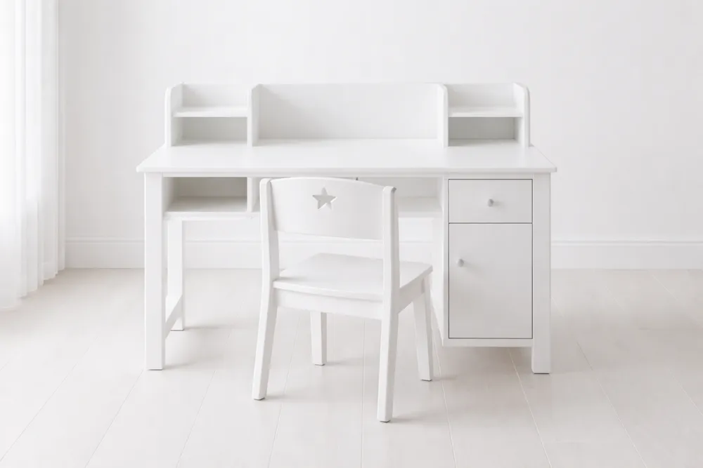 Bureau et Chaise Enfant Blanc Bois avec Étagères et Rangements-Formavelo