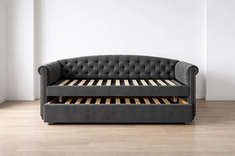 Canapé-lit gigogne en cuir avec tête de lit capitonnée-Formavelo