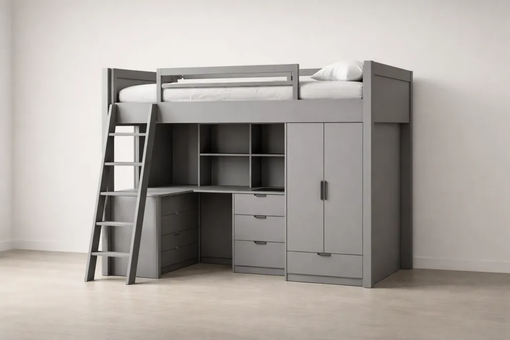 Lit mezzanine en bois avec bureau et armoire intégrés, Gris, 200x100x180cm-Formavelo