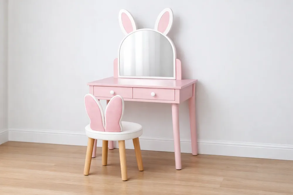 Coiffeuse enfant en bois avec miroir oreilles de lapin rose et blanc-Formavelo