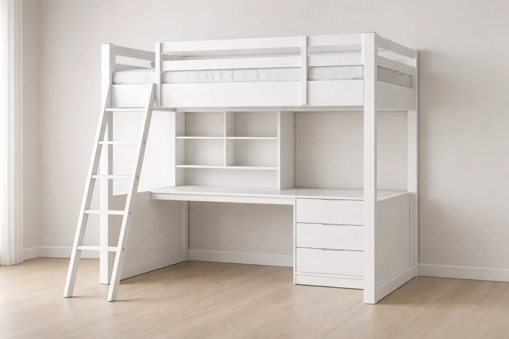 Lit mezzanine en bois avec bureau et étagères, Blanc, 200x100x180 cm-Formavelo