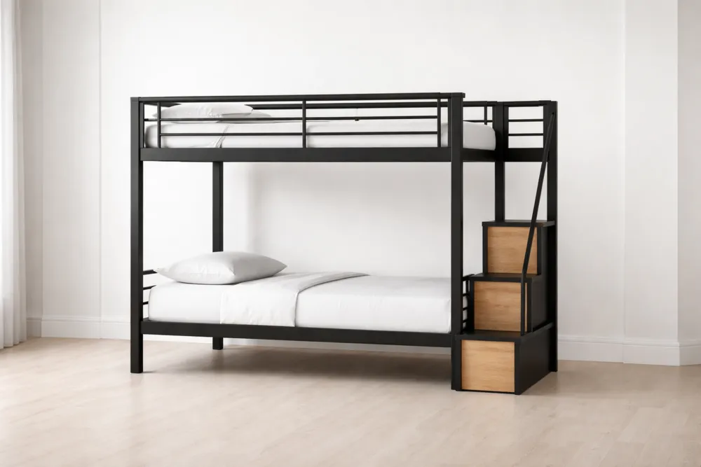 Lit superposé en métal noir avec escalier en bois-Formavelo