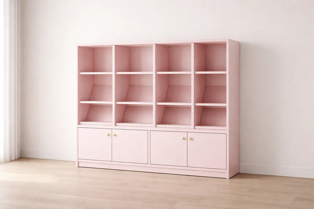 Bibliothèque de rangement en bois MDF rose avec étagères et portes 180x120x30 cm-Formavelo