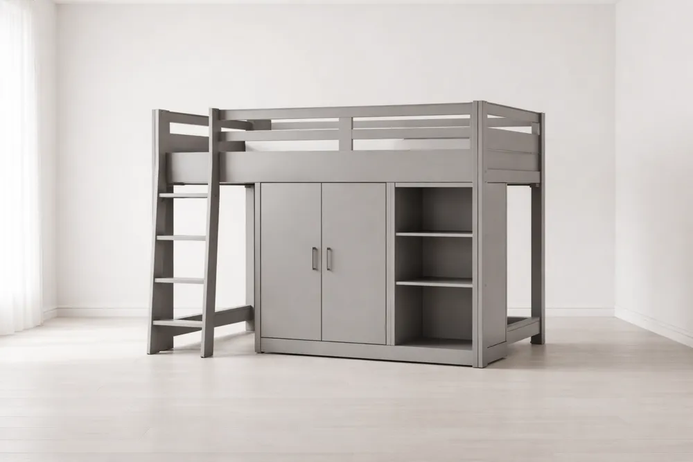 Lit Mezzanine en Bois Gris avec Échelle et Rangement-Formavelo