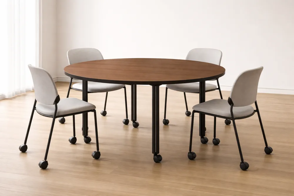 Table ronde en bois et métal avec 4 chaises en tissu à roulettes-Formavelo