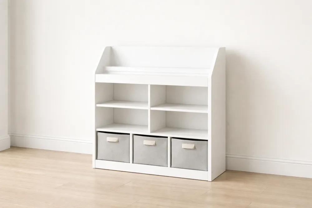 Bibliothèque pour enfants en bois, finition blanche, avec bacs en tissu gris-Formavelo