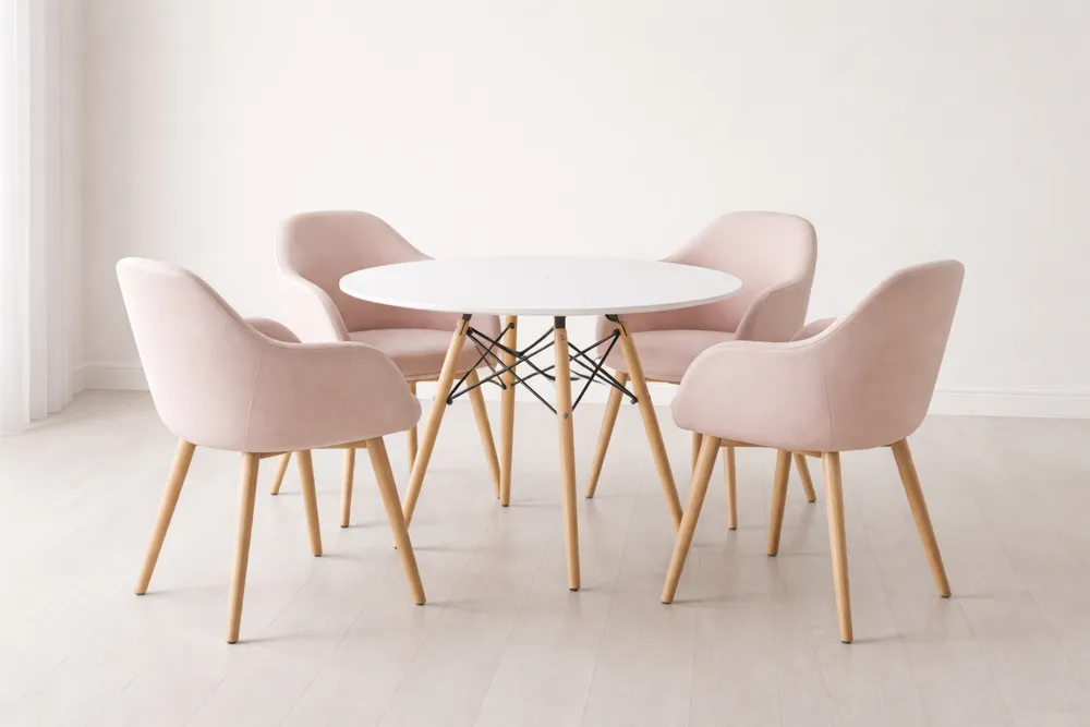Table ronde en MDF blanc avec chaises en velours rose-Formavelo