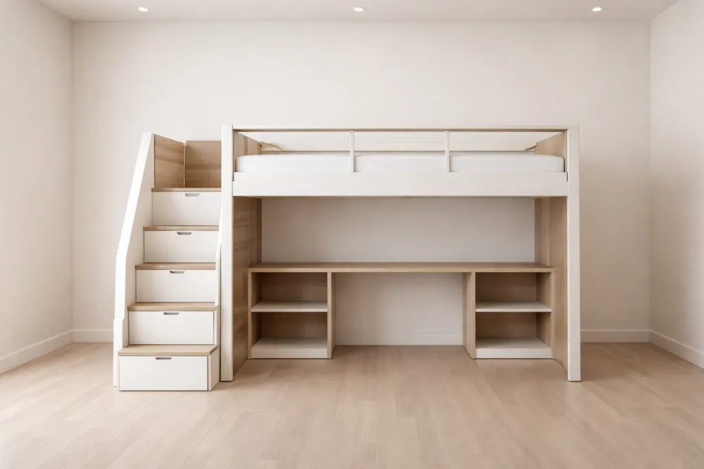 Lit mezzanine en bois avec bureau et rangement escalier-Formavelo